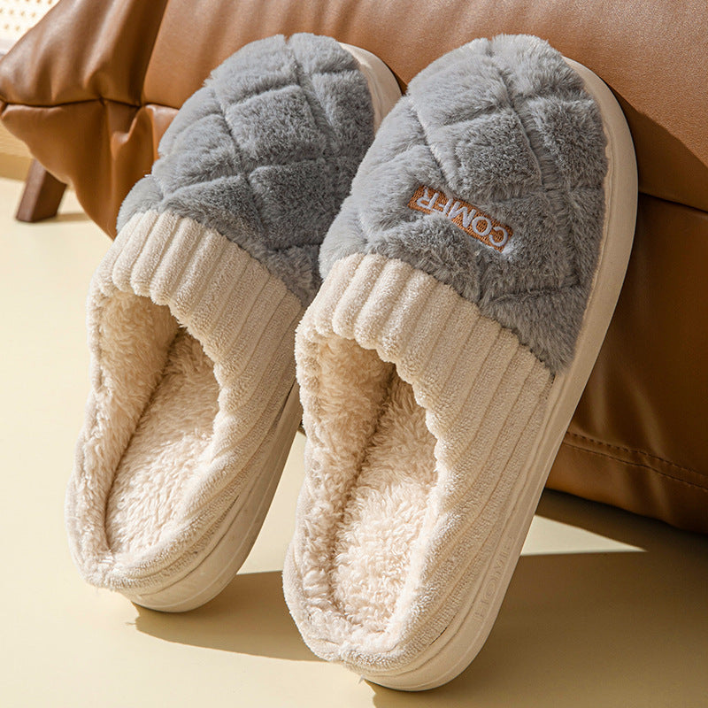 Solid Rhombic Pattern Home Slippers – Winter Warm, Non-Slip, Plush Bedroom Shoes for Couples, Men & Women
