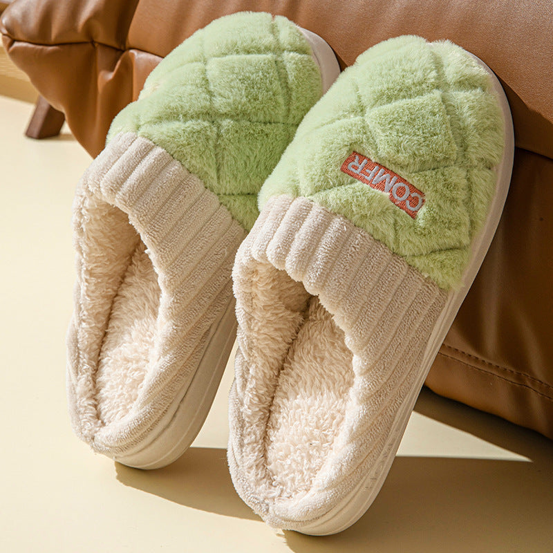 Solid Rhombic Pattern Home Slippers – Winter Warm, Non-Slip, Plush Bedroom Shoes for Couples, Men & Women