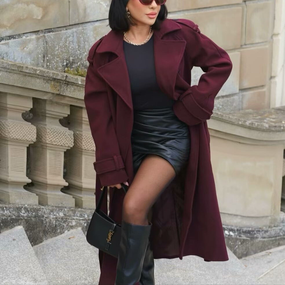 Woolen Coat With Belt Winter Double Trench Long Jacket For Women Clothing