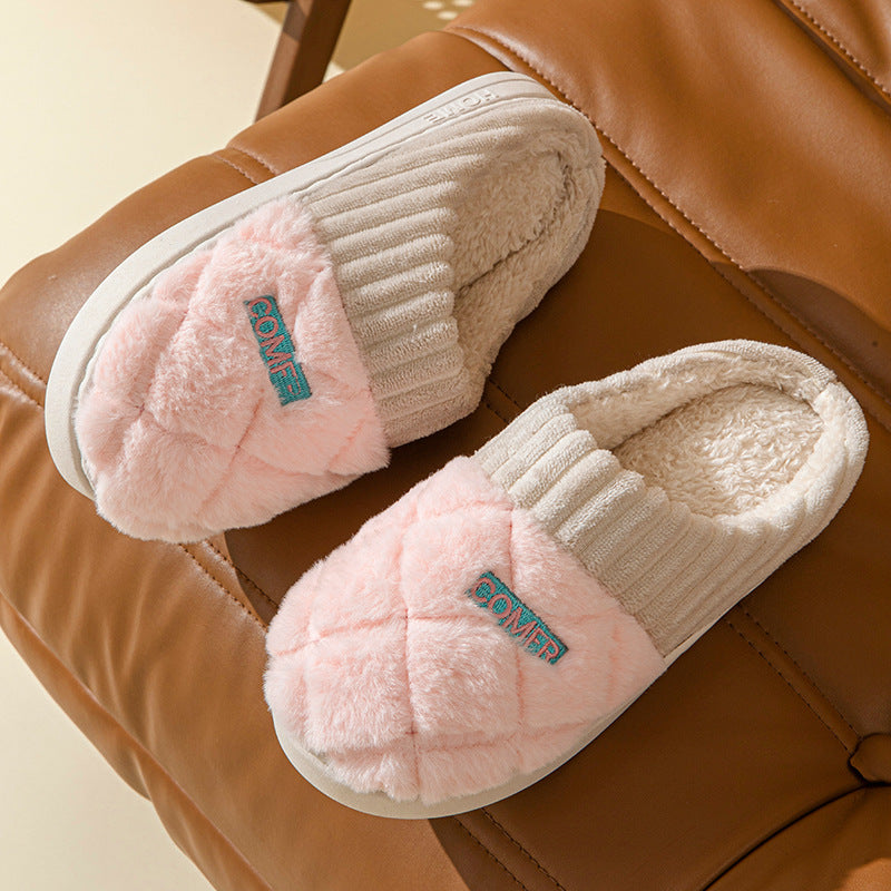 Solid Rhombic Pattern Home Slippers – Winter Warm, Non-Slip, Plush Bedroom Shoes for Couples, Men & Women