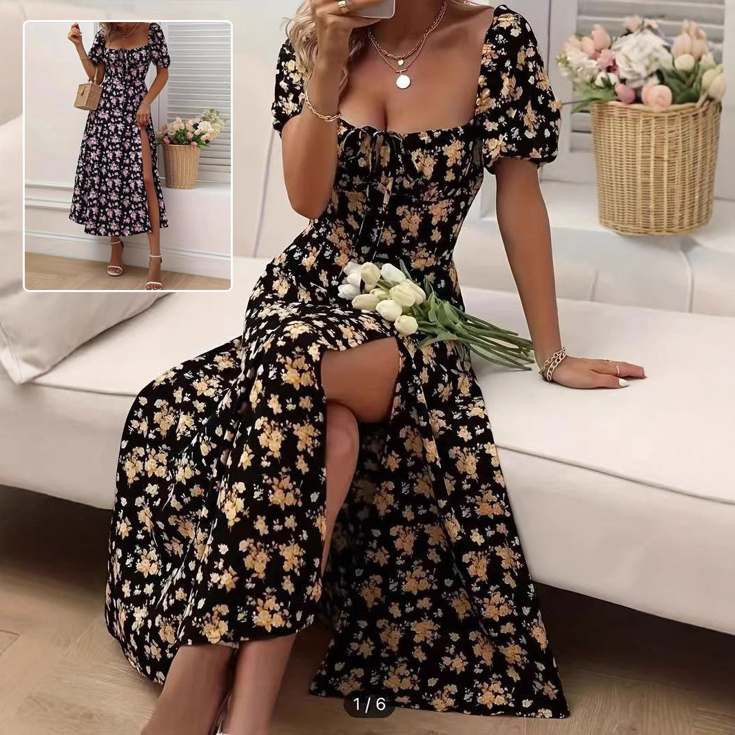 0. Floral Print Short Sleeve Split Dress Summer Fashion Lace-up Beach Long Dresses Women's Clothing