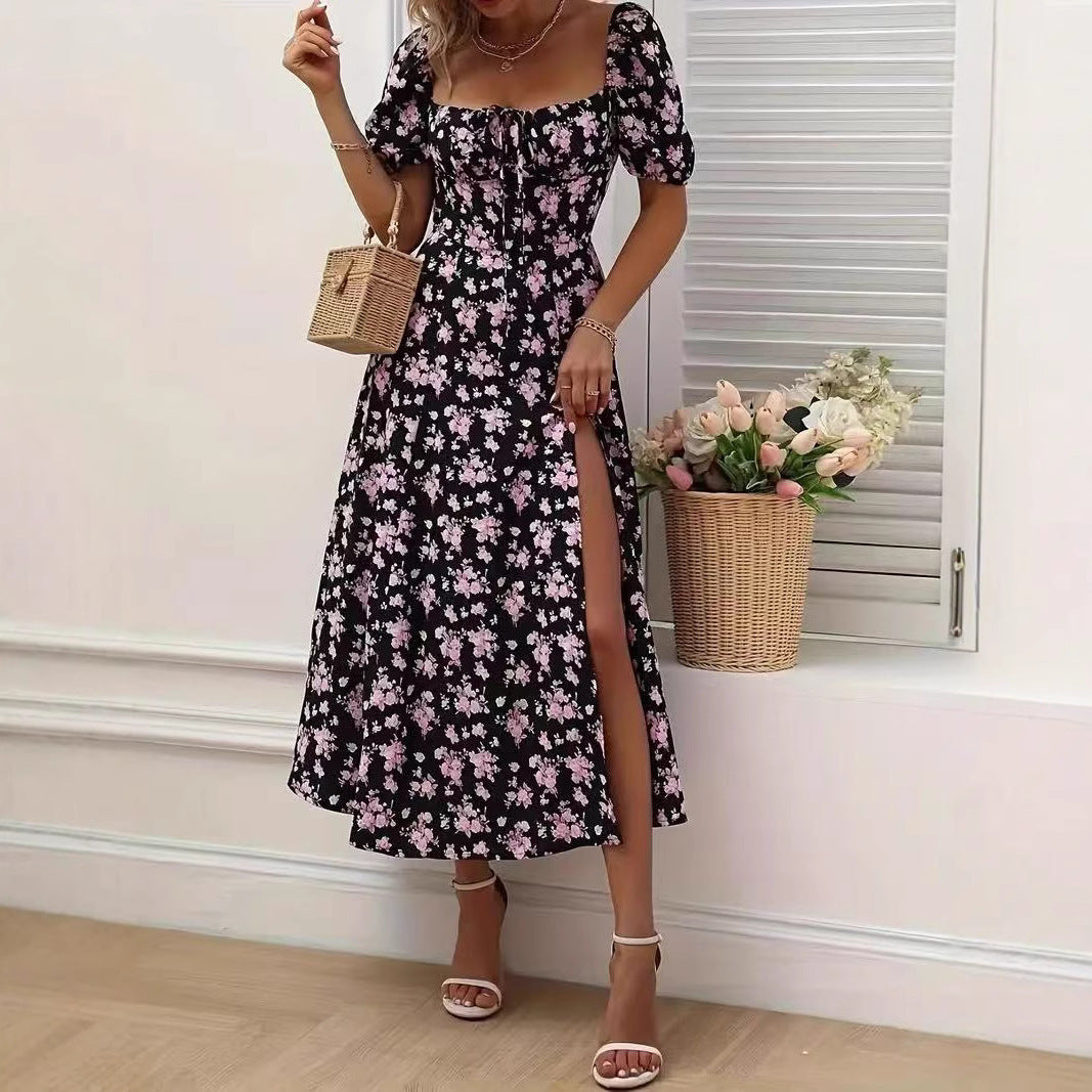 0. Floral Print Short Sleeve Split Dress Summer Fashion Lace-up Beach Long Dresses Women's Clothing