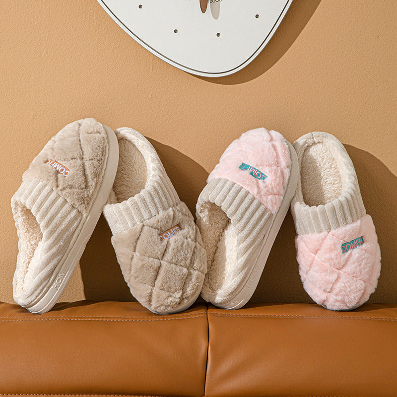 Solid Rhombic Pattern Home Slippers – Winter Warm, Non-Slip, Plush Bedroom Shoes for Couples, Men & Women