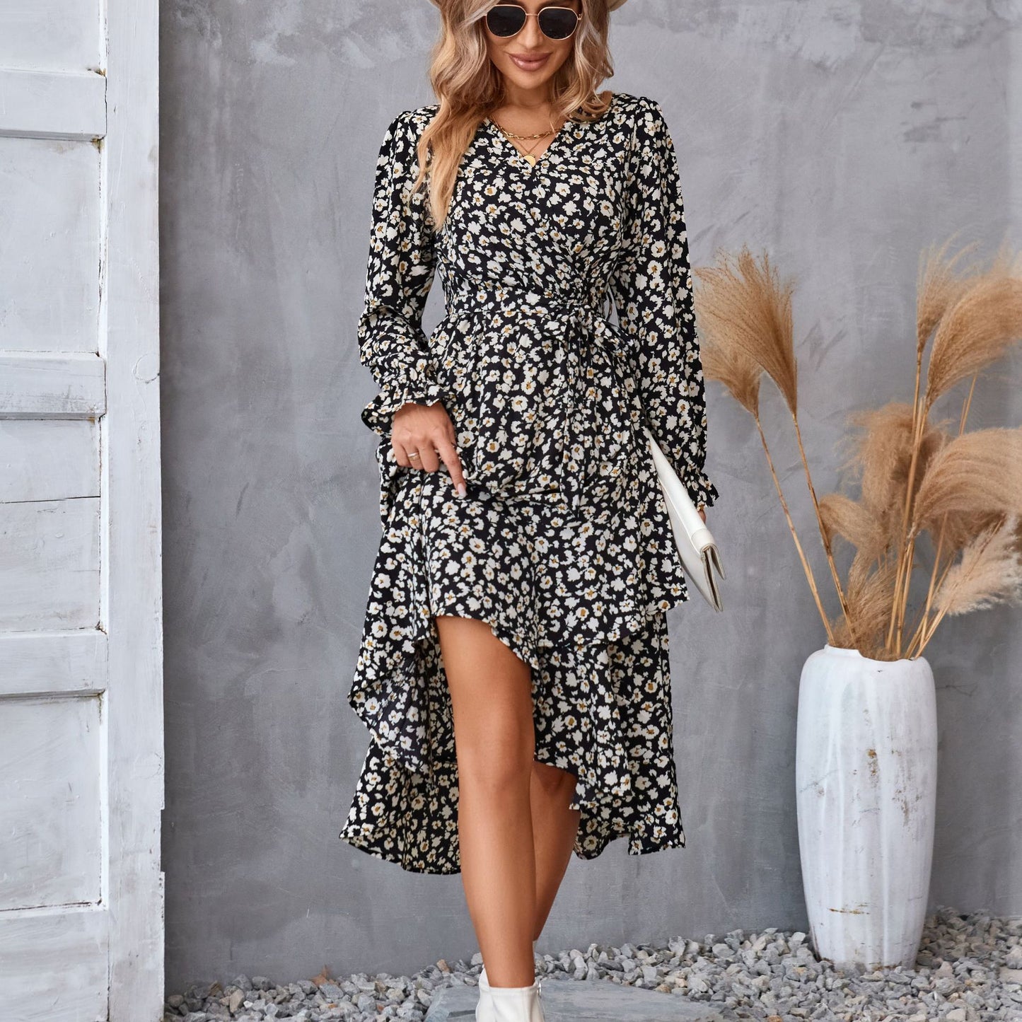0. Flowers Print Long Sleeve Dress Fashion Ruffled Commuter Temperament Dresses Womens Clothing