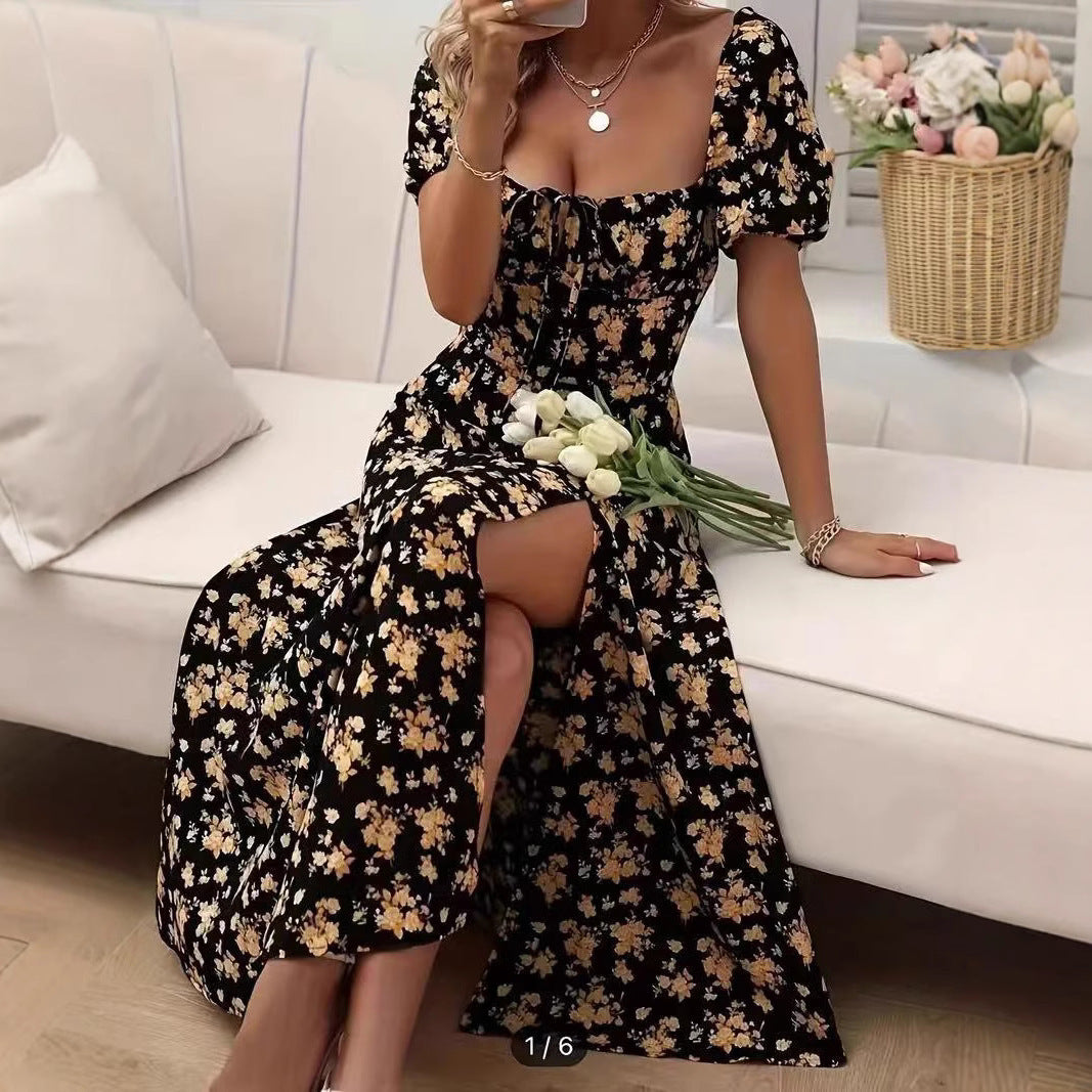 0. Floral Print Short Sleeve Split Dress Summer Fashion Lace-up Beach Long Dresses Women's Clothing