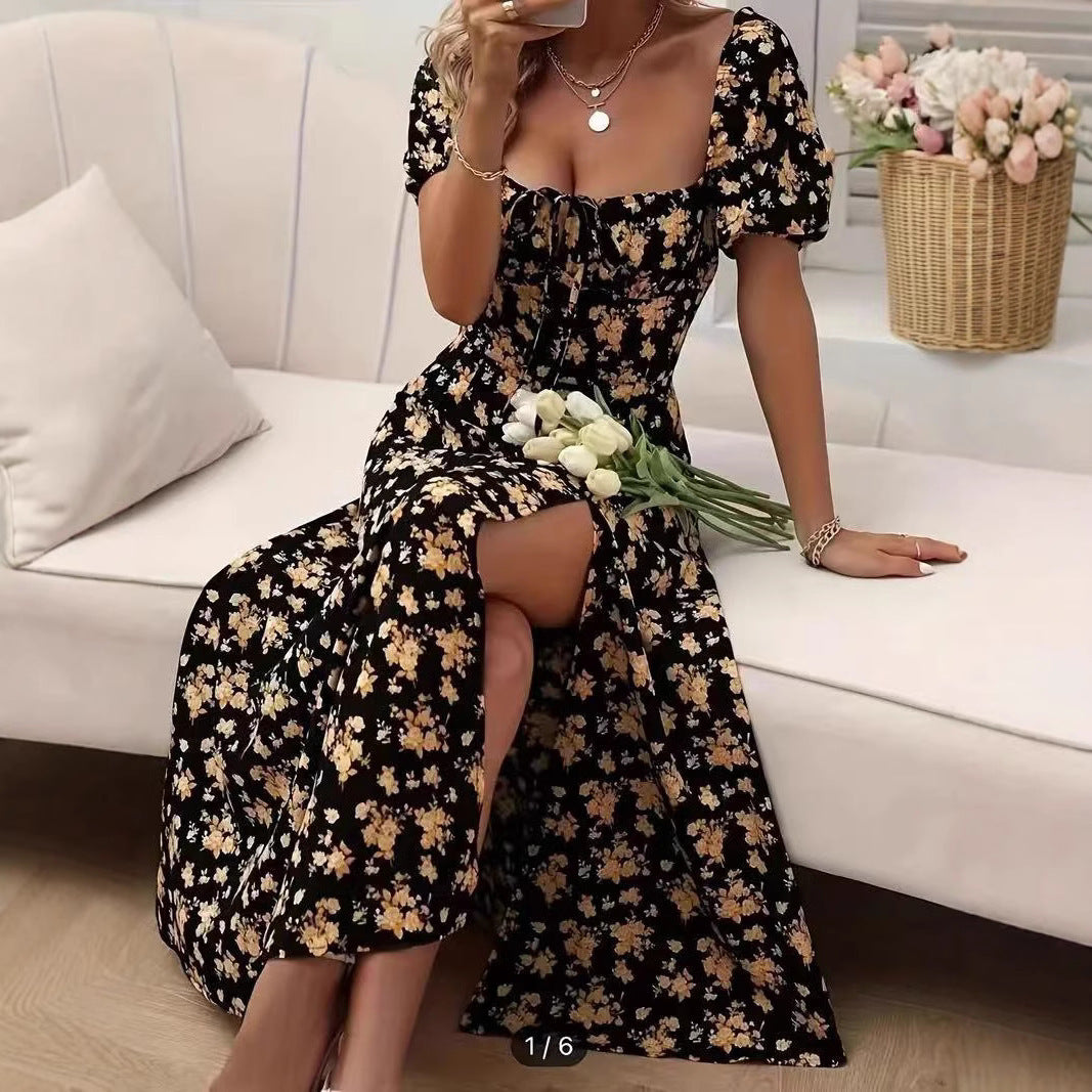 0. Floral Print Short Sleeve Split Dress Summer Fashion Lace-up Beach Long Dresses Women's Clothing