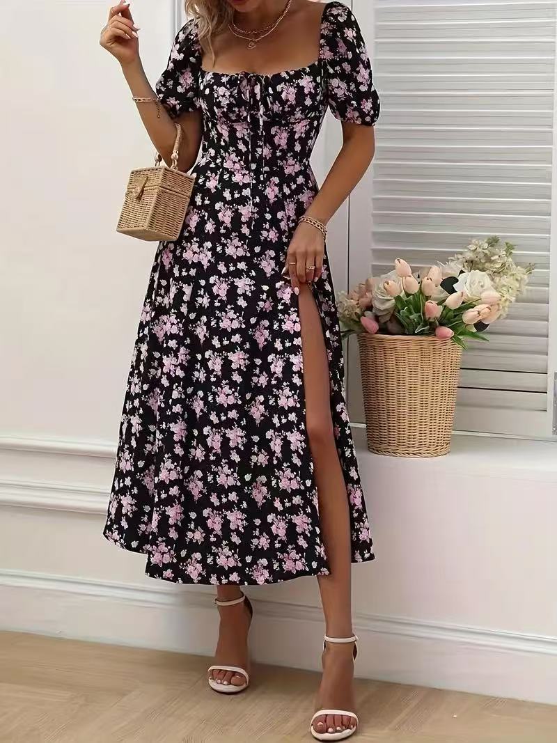 0. Floral Print Short Sleeve Split Dress Summer Fashion Lace-up Beach Long Dresses Women's Clothing