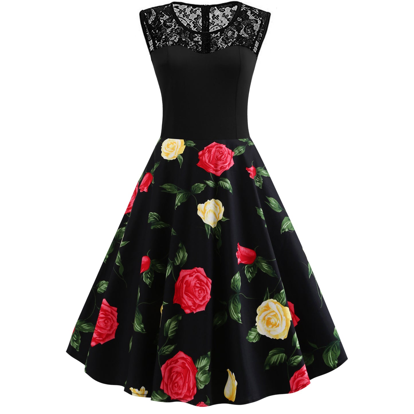 0. Lace Stitching Sleeveless Hot-selling Floral-print Retro Dress