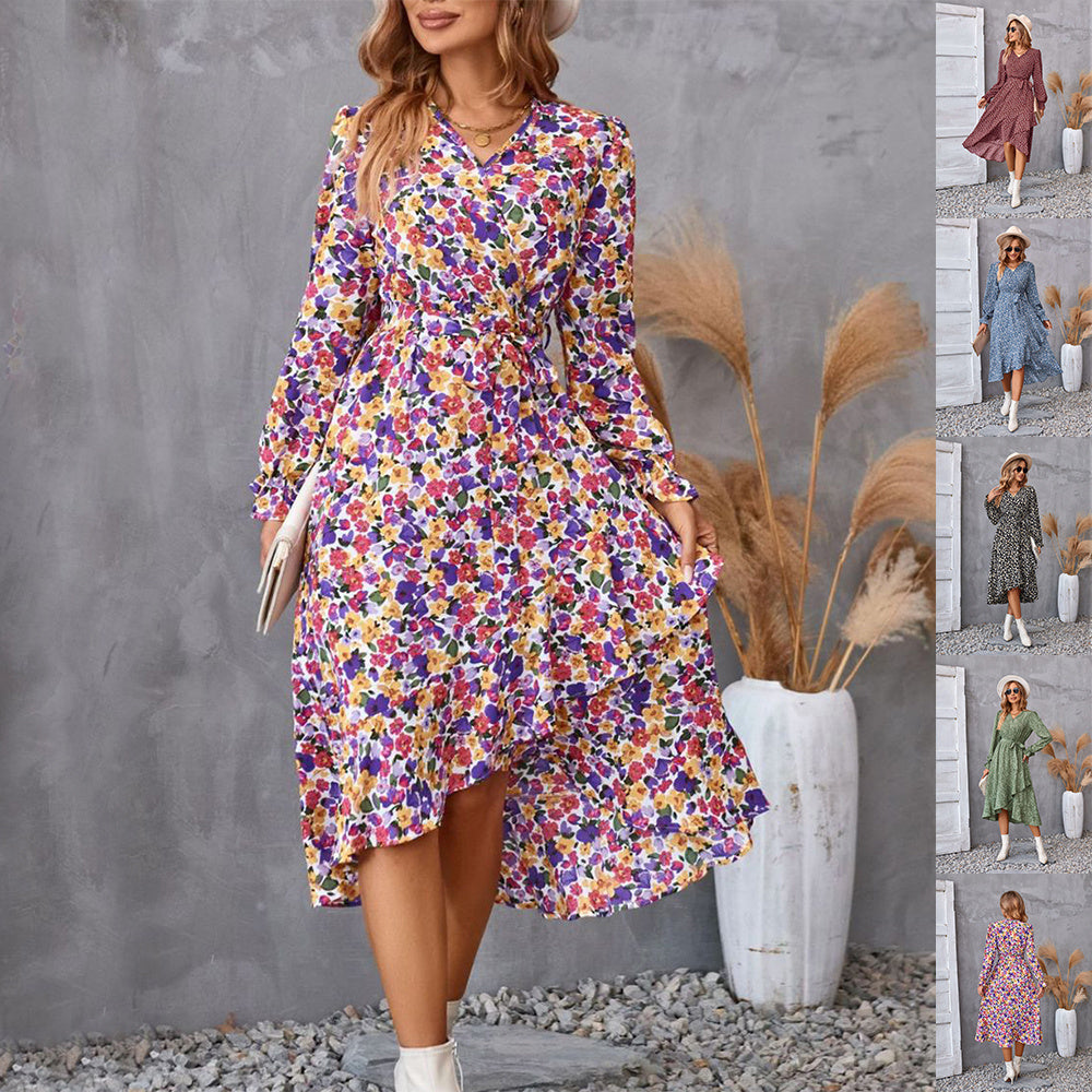 0. Flowers Print Long Sleeve Dress Fashion Ruffled Commuter Temperament Dresses Womens Clothing