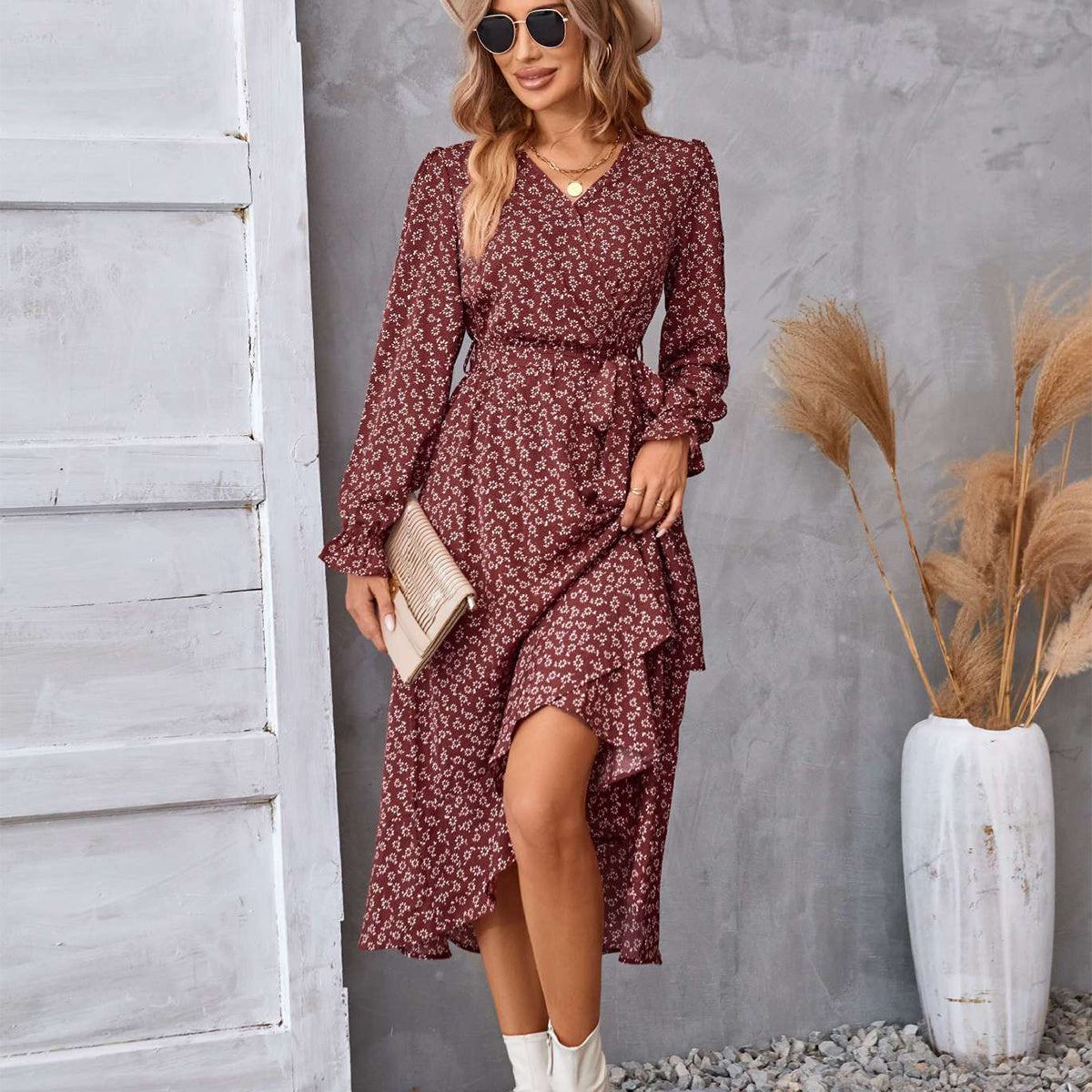 0. Flowers Print Long Sleeve Dress Fashion Ruffled Commuter Temperament Dresses Womens Clothing