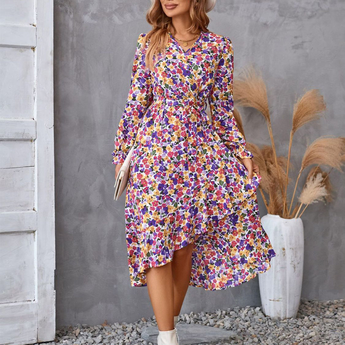 0. Flowers Print Long Sleeve Dress Fashion Ruffled Commuter Temperament Dresses Womens Clothing