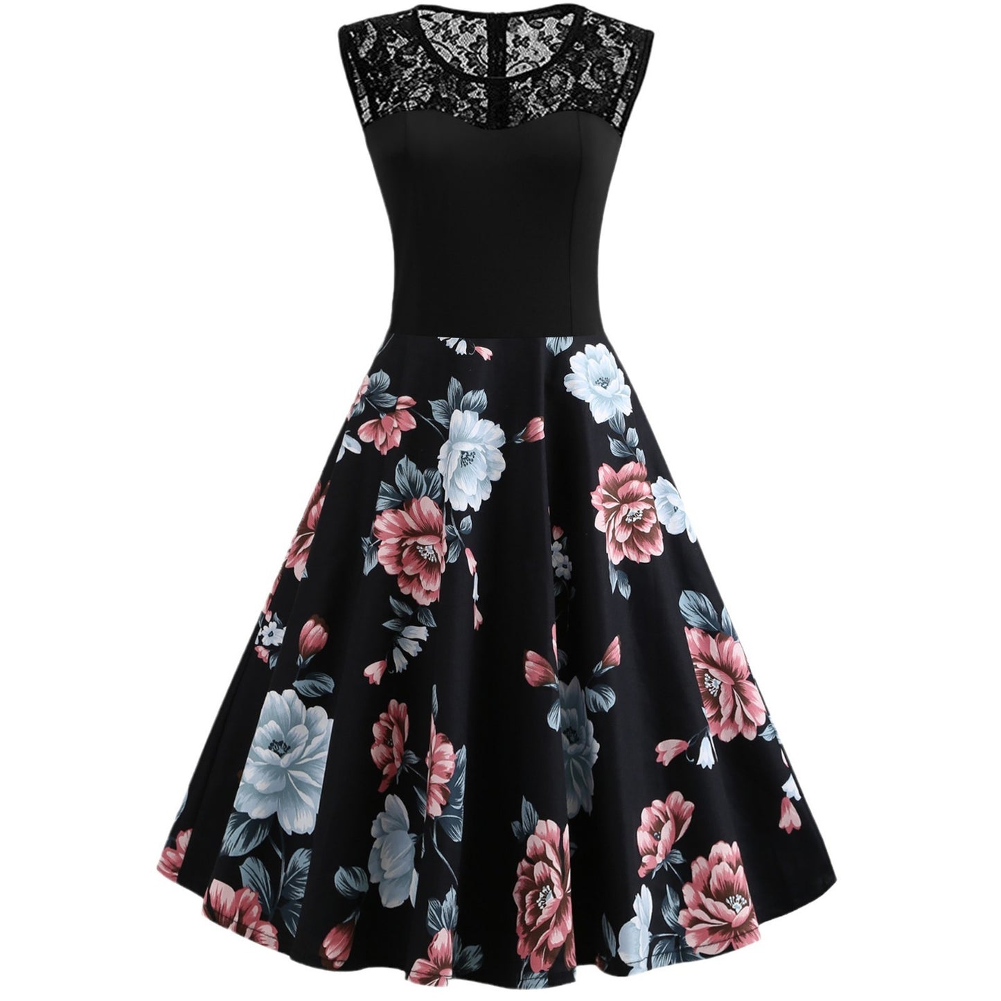 0. Lace Stitching Sleeveless Hot-selling Floral-print Retro Dress