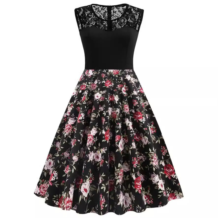 0. Lace Stitching Sleeveless Hot-selling Floral-print Retro Dress