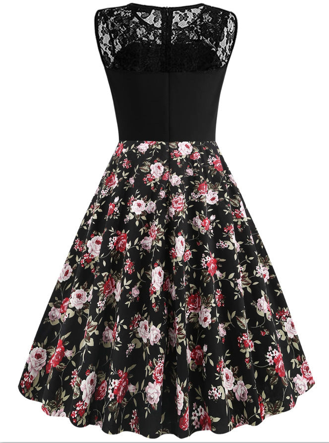 0. Lace Stitching Sleeveless Hot-selling Floral-print Retro Dress