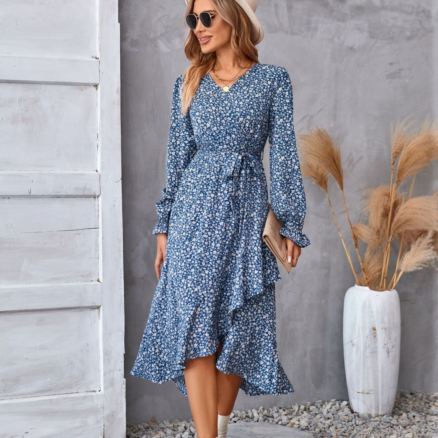 0. Flowers Print Long Sleeve Dress Fashion Ruffled Commuter Temperament Dresses Womens Clothing