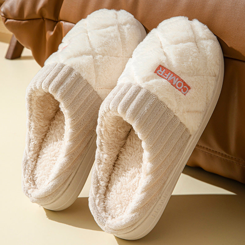 Solid Rhombic Pattern Home Slippers – Winter Warm, Non-Slip, Plush Bedroom Shoes for Couples, Men & Women