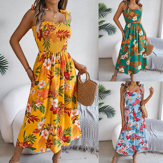 0. Flowers Print Suspender Corset Dress Ins Fashion Holiday Beach Long Dresses Summer Clothing For Women