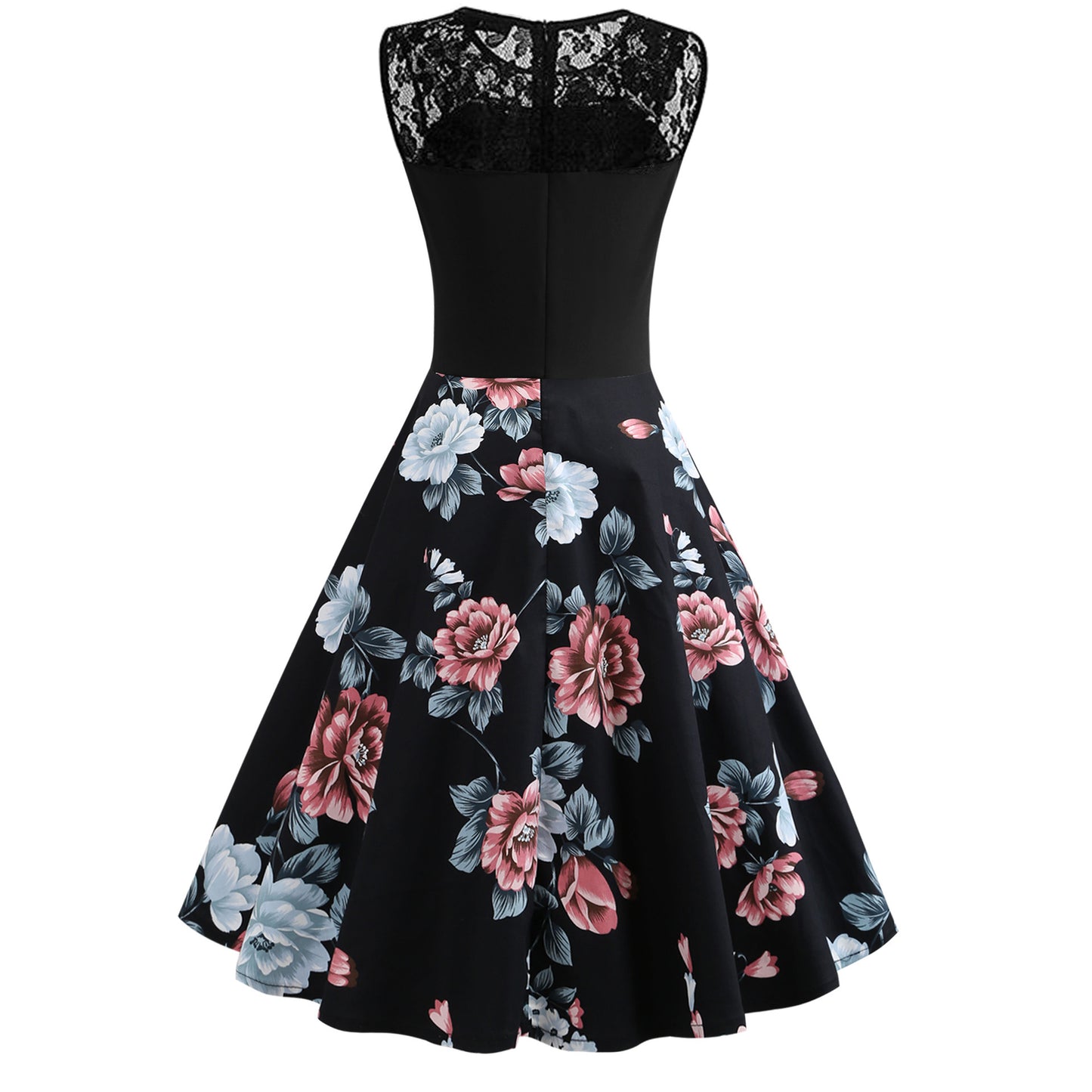 0. Lace Stitching Sleeveless Hot-selling Floral-print Retro Dress