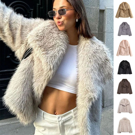 Embrace Winter's Warmth: Luxurious Plush Coat with Chic Lapel. Stay cozy and stylish all season long with this must-have winter coat. Featuring a thick, plush exterior for ultimate warmth, a sophisticated lapel design, and a relaxed, long-sleeve silhouett