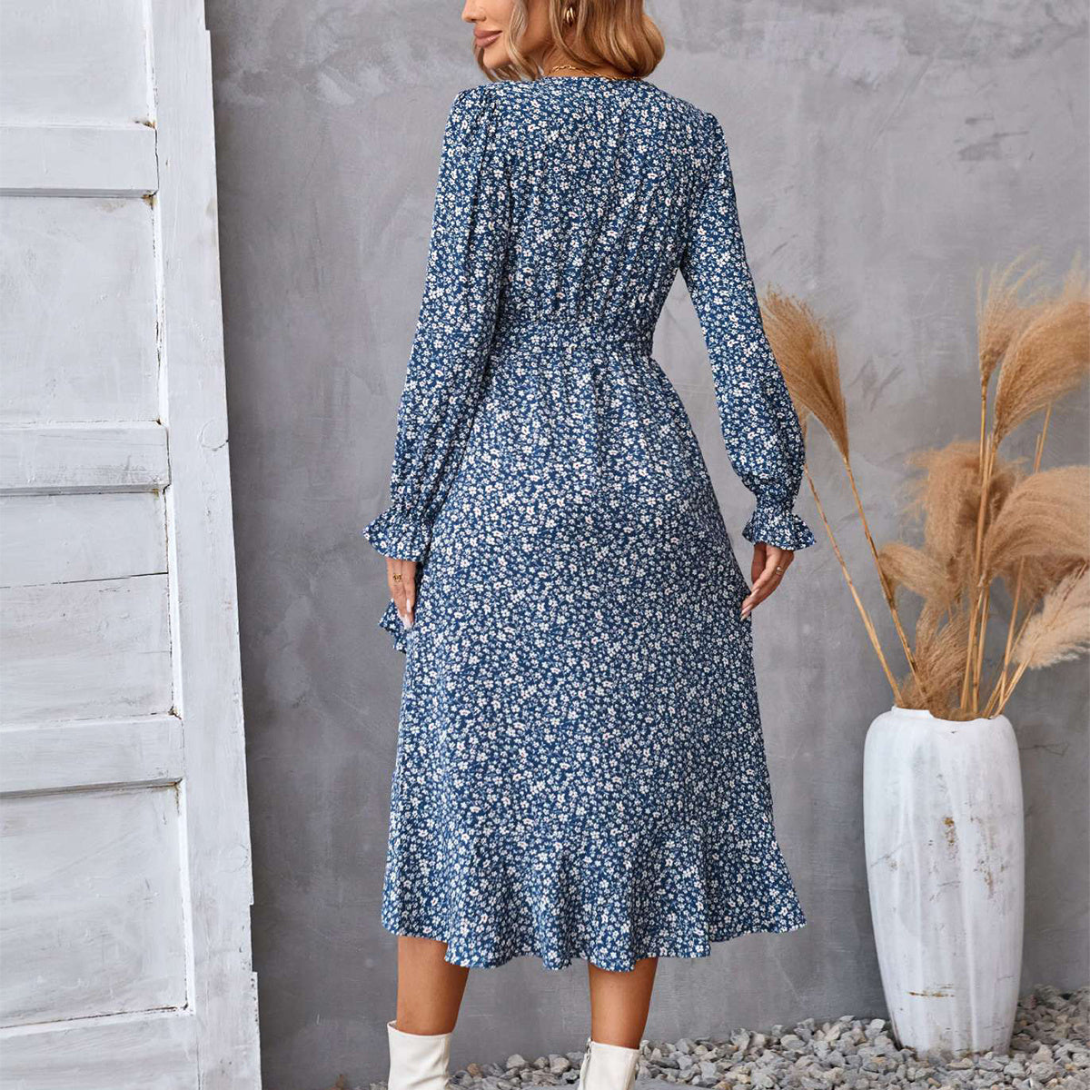 0. Flowers Print Long Sleeve Dress Fashion Ruffled Commuter Temperament Dresses Womens Clothing