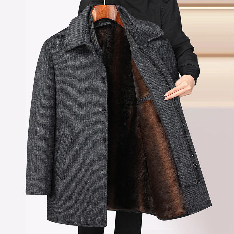 Men's Woolen Coat Mid-length Fleece Plaid Detachable Double Collar