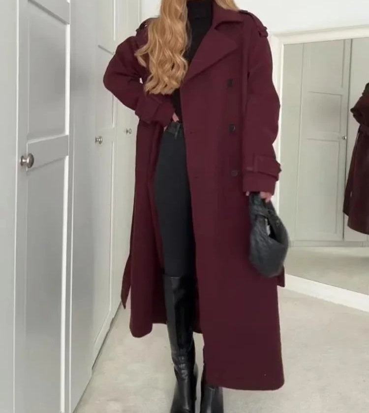 0. Woolen Coat With Belt Winter Double Trench Long Jacket For Women Clothing