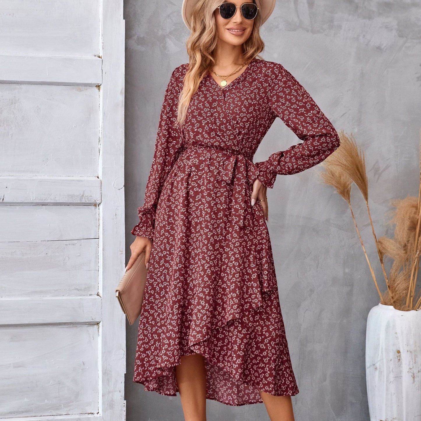 0. Flowers Print Long Sleeve Dress Fashion Ruffled Commuter Temperament Dresses Womens Clothing