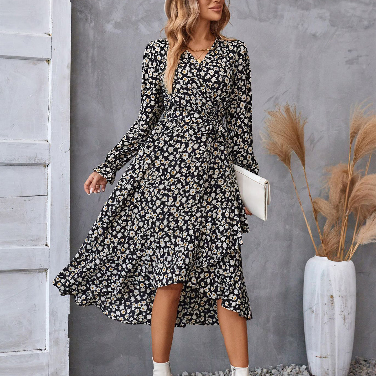 0. Flowers Print Long Sleeve Dress Fashion Ruffled Commuter Temperament Dresses Womens Clothing