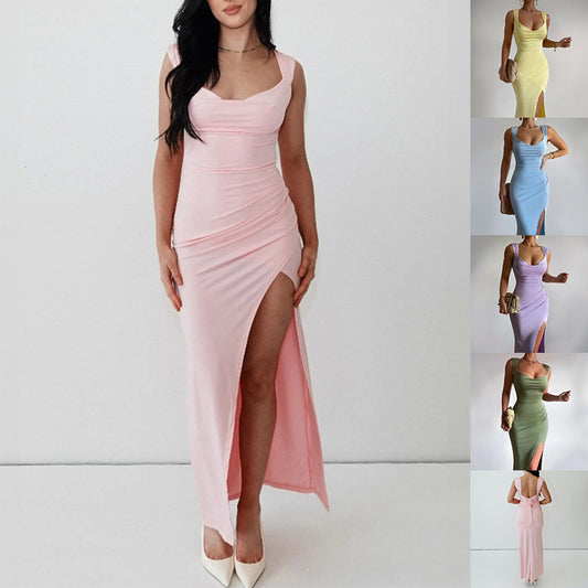 0. Slim Sleeveless Slit Dress With Back Tie Design Fashion Temperament Dresses For Women Clothing