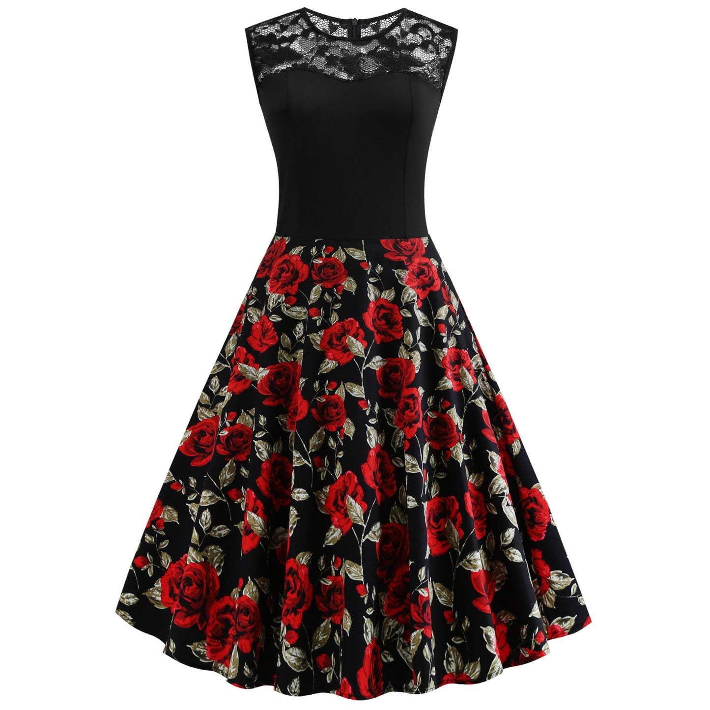 0. Lace Stitching Sleeveless Hot-selling Floral-print Retro Dress