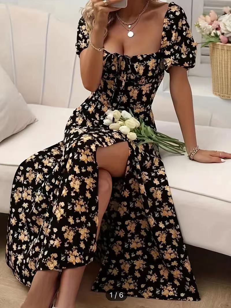 0. Floral Print Short Sleeve Split Dress Summer Fashion Lace-up Beach Long Dresses Women's Clothing