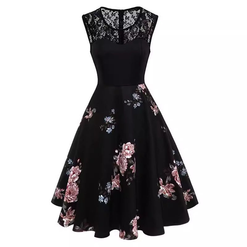 0. Lace Stitching Sleeveless Hot-selling Floral-print Retro Dress